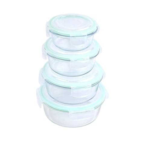 Signoraware Lock N Store Borosilicate Glass Round Container | Airtight & Leakproof | Stain Resistant | Microwave Safe | Ideal for kitchen and lunch packing (400ml+620ml+950ml+1.3Ltr | Setof4 | Clear)
