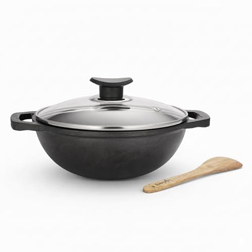 Lifelong Pre-Seasoned Cast Iron Kadhai with Glass Lid (24cm, 3.3L)
