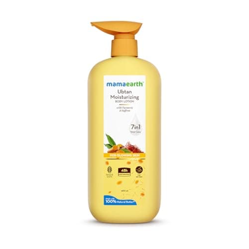 Mamaearth Ubtan Moisturizing Body Lotion with Turmeric & Saffron for Glowing Skin | 48 Hrs Moisturization | Nourishes Dry Skin | 7 in1 Total Care | 100% Natural Butter | Non-Greasy Smooth Skin | 400 ml
