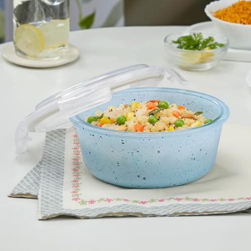 Borosil 400 ml Blue Food Storage Container with Air Tight Lid | Round Shape Borosilicate Glass Organiser | Microwave & Dishwasher Safe | For Fridge, Kitchen Storage