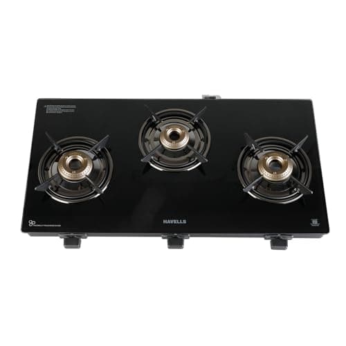 Havells GEOSLIM Gas stove |3 Heavy Duty Forged Brass Burner|6 mm Toughened Glass|Premium Valves|Removable Drip Tray|Soft Touch Knobs|5 year Warranty on Burners, Glass & Valves by Havells (Black)