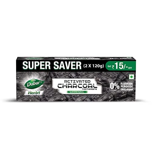 DABUR Herb'L Activated Charcoal Toothpaste 240G (120G x2, Pack of 2) | Whitening Black Gel Toothpaste | Fluoride Free | Fights Plaque & Extrinsic Stains | With Power of Mint | Cool & Refreshing Mouth Experience