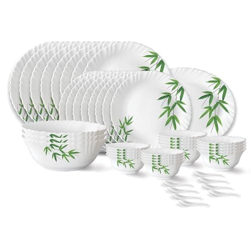 Larah by Borosil Bamboo Leaves Fluted 44-Piece Opalware Dinner Set