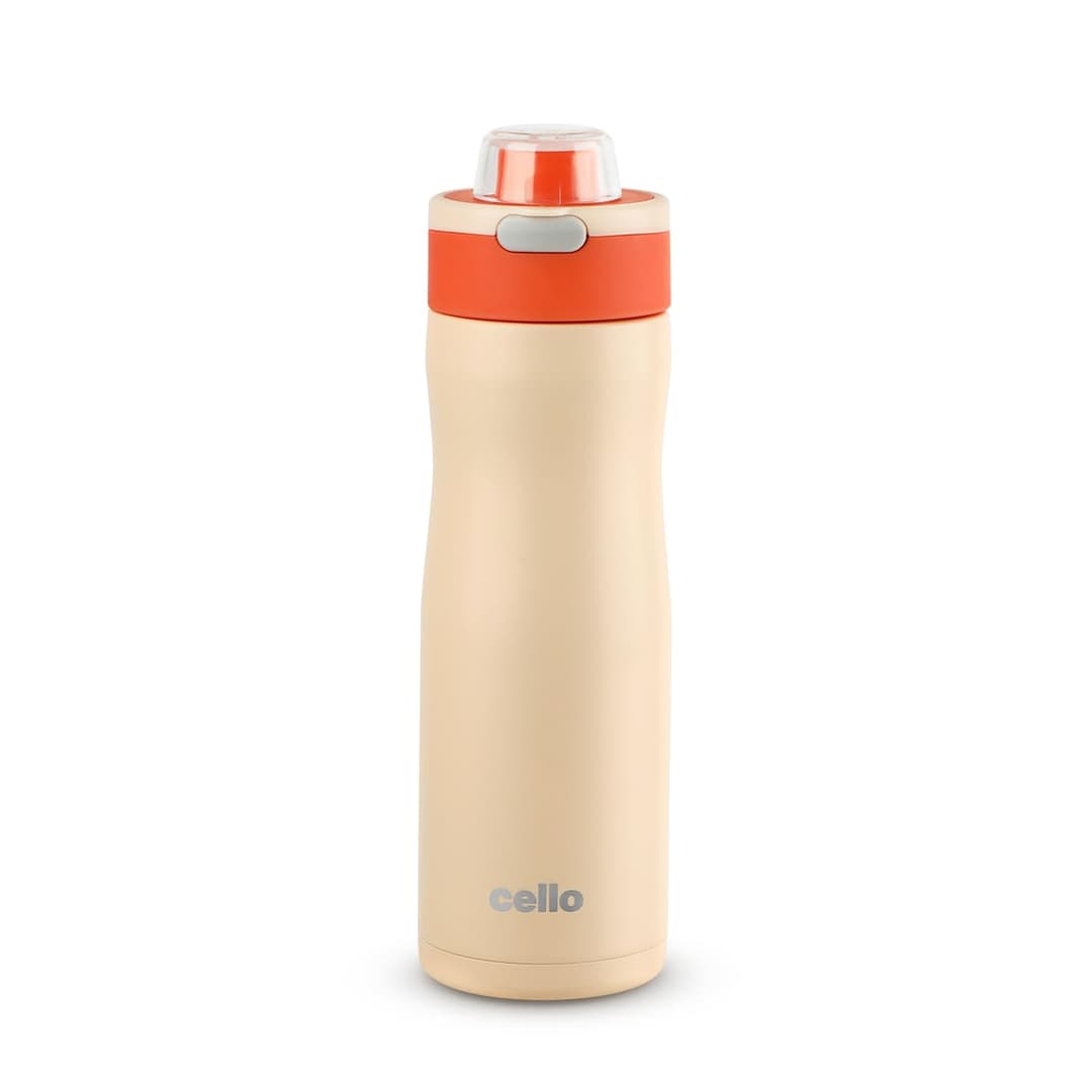 CELLO Duro Hydrene Hot and Cold Stainless Steel Flask for Office 630 ml Orange | Double Wall Vacuum Insulated Spill Proof Leak Proof Easy Press Open Sipper Water Bottle for College Gym Travel & Biking