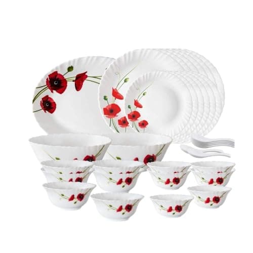 Larah by Borosil Red Carnation Opalware Dinner Set, 33-Pieces, White