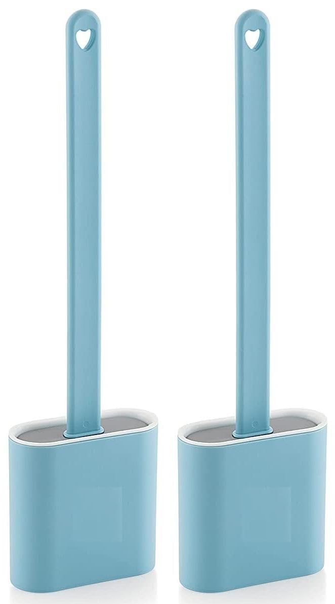 Silicone Toilet Cleaning Brush Bathroom Cleaning Accessories Toilet Brush with Holder Stand Commode Cleaning Brush Closet Cleaning Brush Pot Cleaner Brush(Blue,Pack of 2)