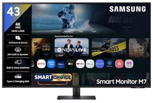 Samsung 43"(1.08m) 4K M7 Vision AI Smart Monitor (Smartchoice) | UHD 3840 x 2160 | Smart TV Experience with AI Picture & Sound|Type-C|Apple AirPlay|Remote|Speakers|Wi-Fi|Bluetooth|LS43FM700UWXXL|Black
