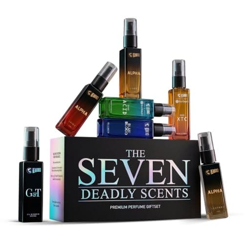 Beardo Seven Deadly Scents Perfume Set for Men | Premium Fragrance Discovery Set | 7 x 8ml Long Lasting Perfumes | Luxury Perfume Sampler | Travel Friendly Gift Pack | Husband, Boyfriend, Brother & Men | Wedding, Birthday & Festival Gift