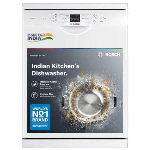 Bosch 13 Place Setting (fits up to 70 utensils) Free-Standing Dishwasher for Indian Utensils | Hygiene+ & Intensive Kadhai Program (SMS66GW01I, White, Inbuilt Heater, Removes 99.9% Germs)