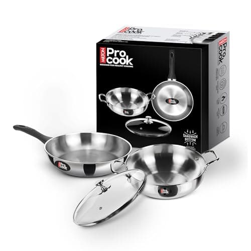 Milton Pro Cook 3-Layer Thick SS Sandwich Bottom I Induction Cookware & Gas Stove Friendly Stainless Steel 3 Pc Cookware Set | Kadhai & Fry Pan with Lid 22 cm | Deep Frying | 2Y Warranty