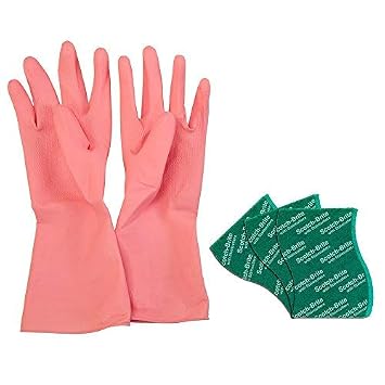 Scotch-Brite Kitchen Gloves small pair (1 unit) & Scotch-Brite Silver sparks scrub pad for dishwashing (3 units)