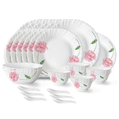 Larah by Borosil Red Mist Opalware Dinner Set (33 Pieces)
