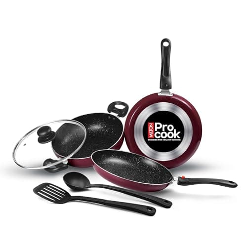 Milton Pro Cook Kitchen Pride Non-Stick Cookware Set of 5 | Includes Nonstick Tawa, Frying Pan, Kadhai with Lid, Nylon Laddle & Spatula | Non-Induction Base | Peach Color