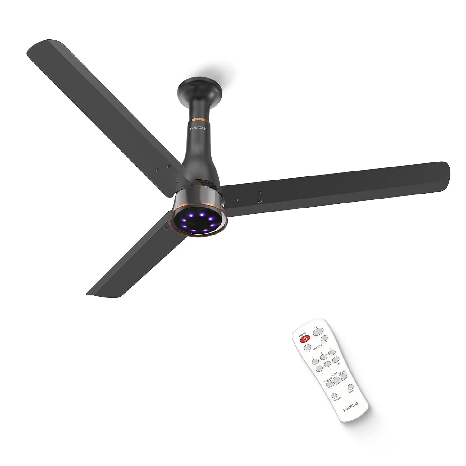 Polycab Wizzy Prime 1200mm BLDC Ceiling Fan with remote | BEE 5 Star Rated, Higher Air Delivery | LED Indicator,Reverse,Boost,Sleep and Breeze Mode | 3 Years Warranty【Matt Black】