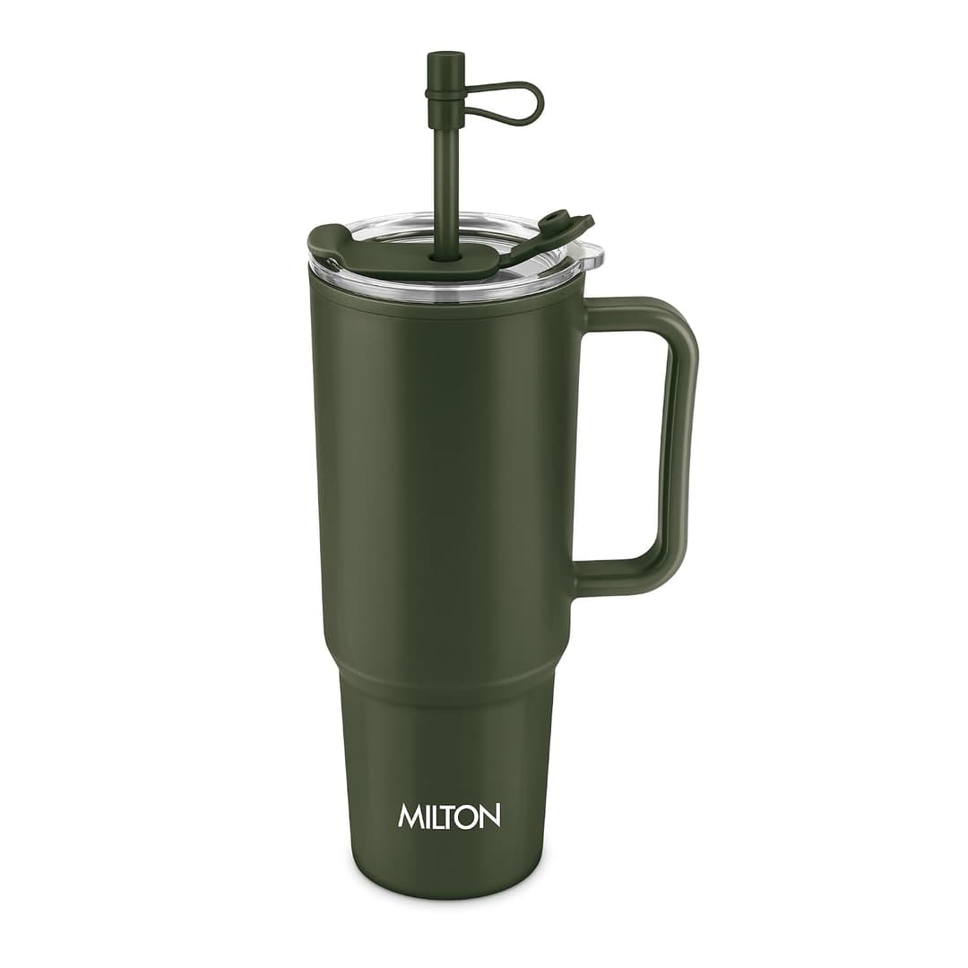 MILTON Maven 1000 Plastic Water Tumbler | 2-in1 Lid Sip or Gulp | Crystal Clear BPA Free-Food Grade | Sturdy Handle | Large Travel Mug for Gym, Office & Outdoor Use, 1 L, Military Green