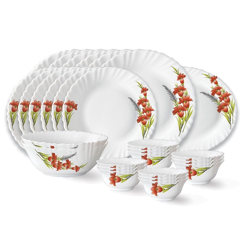 Larah by Borosil Red Iris Fluted Opalware Dinner Set, 27 Pieces