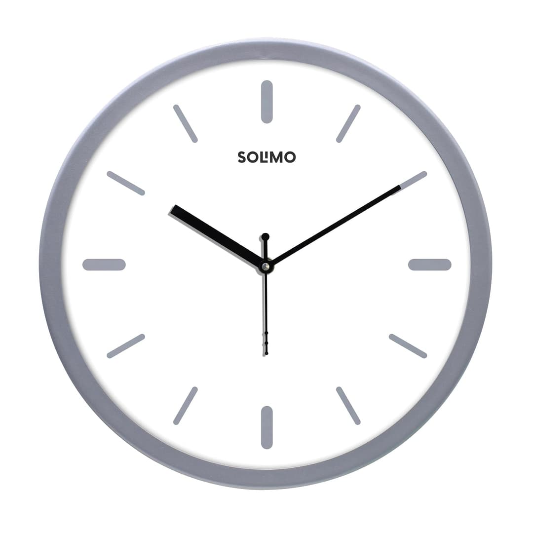 Amazon Brand - Solimo Elegant Metallic Analog Wall Clock, Silent Sweep, Slim Line Time Indicator (12 Inches, Silver Frame)