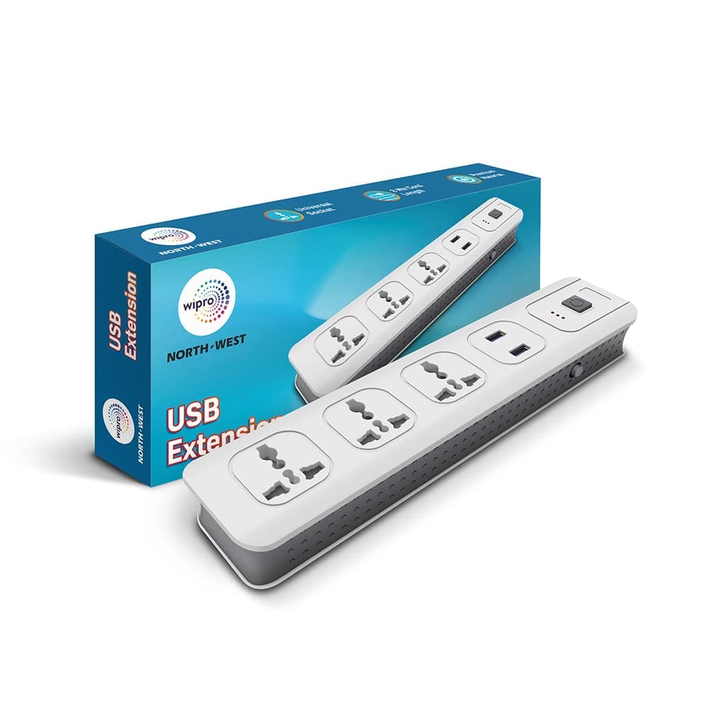 Wipro USB Extension Cord with 2 mtr Cord Length | 3 Universal Socket and 2 USB Port Spike Guard | Child Safety | Auto Cutoff | Fire Resistant, Pack of 1