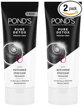 POND'S Pure Detox Face Wash 200 g, Daily Exfoliating & Brightening Cleanser, Deep Cleans Oily Skin - With Activated Charcoal for Fresh, Glowing Skin (Pack of 2)
