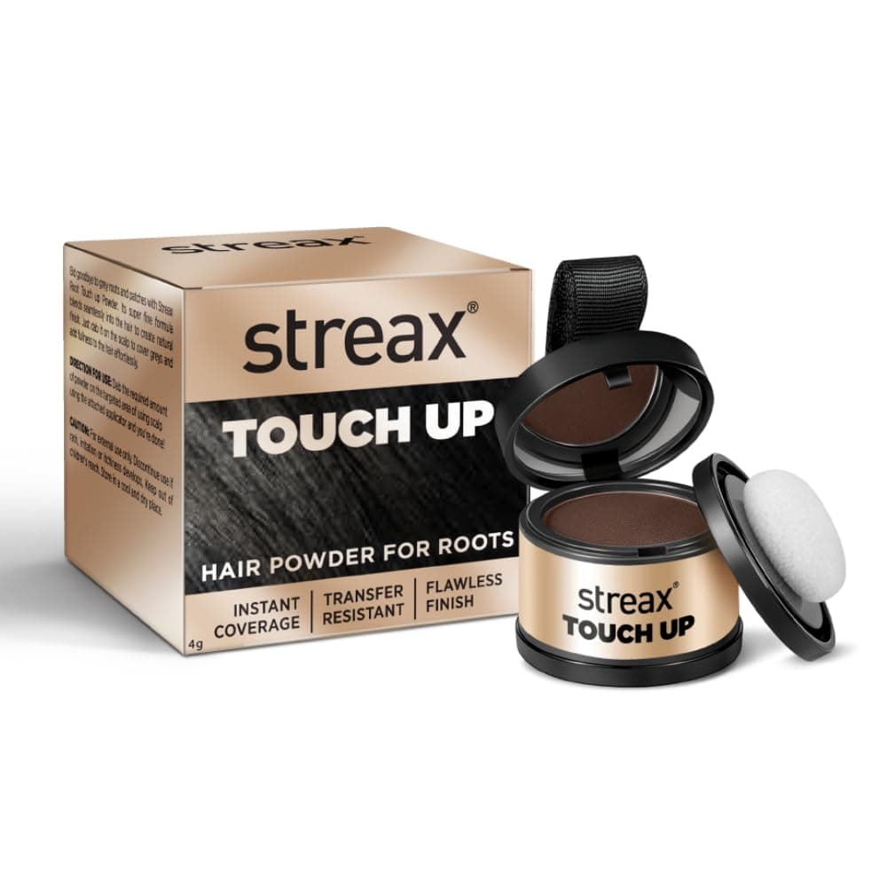 Streax Hair Root Touch Up for Grey Hair, Brown – 4gm | Hair Cover Up Powder I Covers Grey Hair & Bald Patches | Instant Hair Colour Touch Up, Beard touch up for men