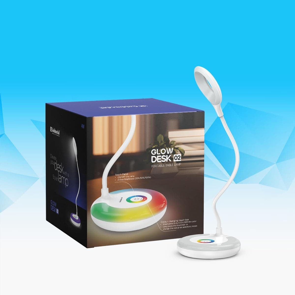 Goldmedal Glow Desk 02 Portable Table Lamp with 5W LED Bulb | Touch Panel Switch | >0.5 Power Factor | Powering Lamp with USB Charger for Study Areas, Bedrooms, Living Rooms | Pack of 1