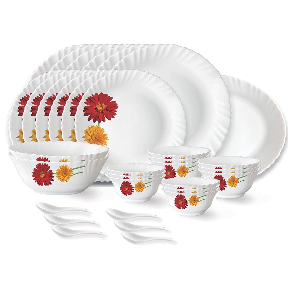 Larah by Borosil Zinnia Fluted Series Opalware Dinner Set | 33 Pieces for Family of 6 | Microwave & Dishwasher Safe | Bone-Ash Free | Crockery Set for Dining & Gifting | Plates & Bowls | White