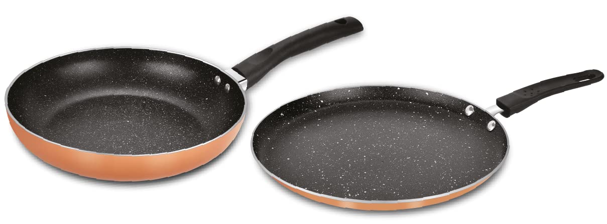 Bergner Copper Plus Non Stick Cookware Set 2Pc-Dosa Tawa 28cm,Frypan 24cm with Induction Compatible, Bakelite Handles, PFOA Free, Grey