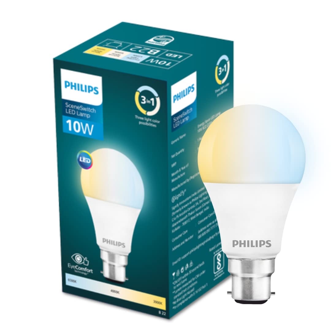 Philips 10-watt LED Bulb | 3 Colors in 1 LED Bulb | Scene Switch Bulb for Home & Decoration | Color: Tunable White, Pack of 1, 10 w, b22d