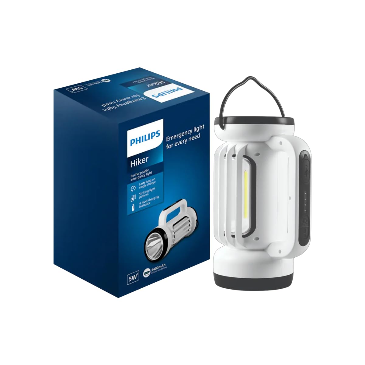 PHILIPS Hiker 5W Rechargeable Emergency Light | Long Lasting with 2400 mAh Battery and 6 Hours Backup | 3 Main Modes, 2 Side Modes and Stepless Dimming Feature | Cool White