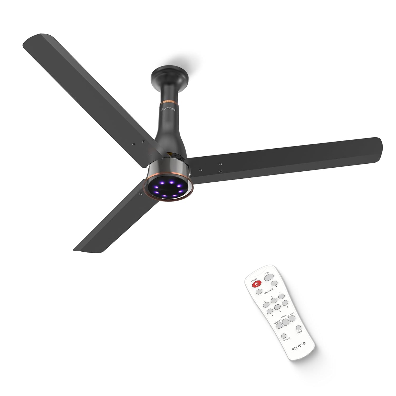 Polycab Wizzy Prime 1200mm BLDC Ceiling Fan with remote |BEE 5 Star Rated, Higher Air Delivery|LED Indicator,Reverse,Boost,Sleep and Breeze Mode |3 Years Warranty,Free Installation 【Matt Black】