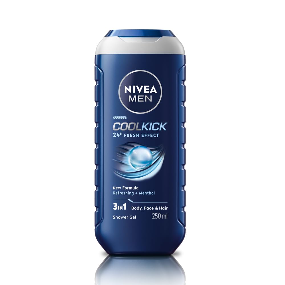 NIVEA MEN Cool Kick 250ml Body Wash| Shower Gel for Face, Body & Hair| Refreshing Icy MENthol|24 H Freshness |For All Skin & Hair Types