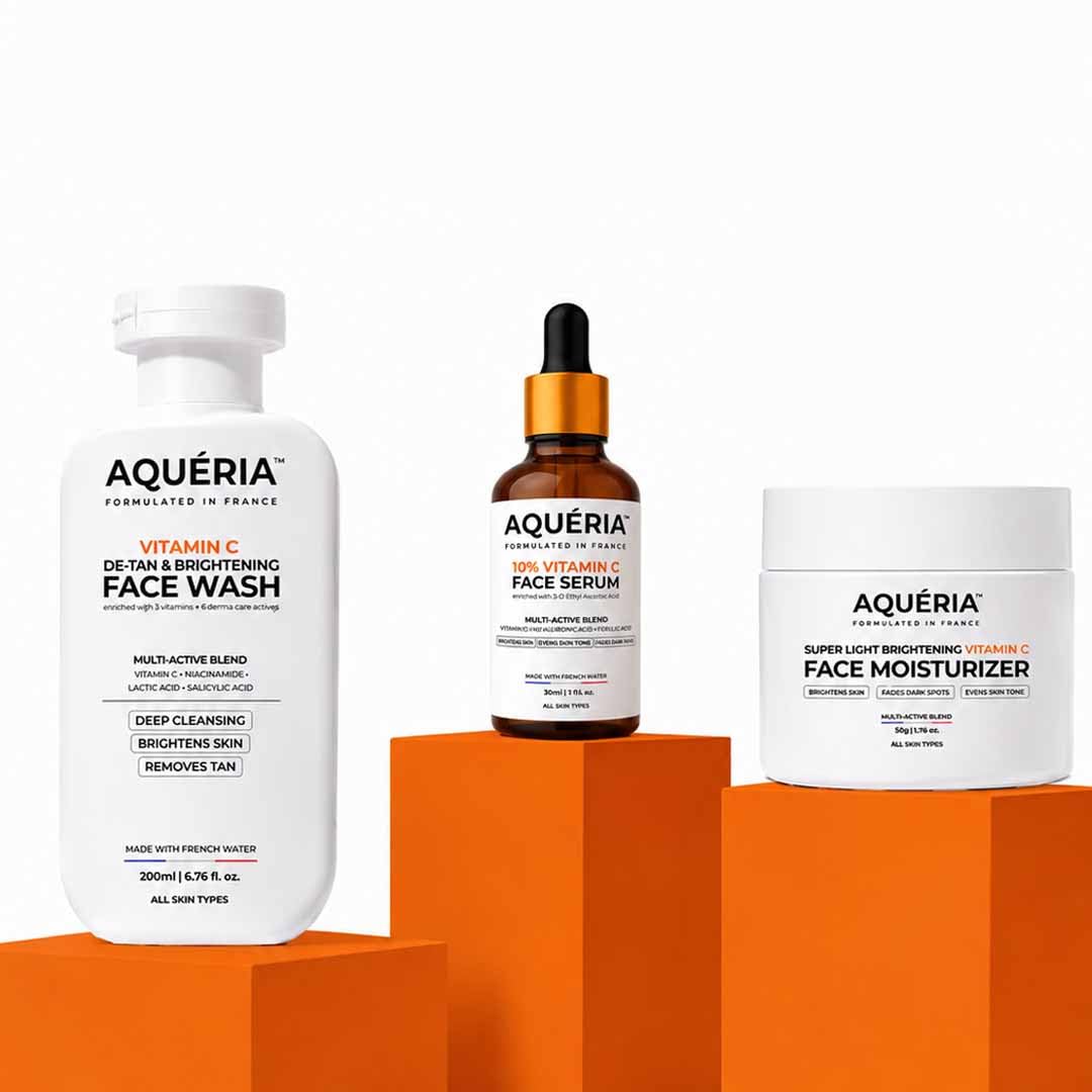 Aqueria Vitamin C Brightening Skincare Combo | De-Tan Face Wash 200ml + 10% Vitamin C Serum 50ml + Super Light Brightening Moisturizer 100g | Niacinamide, Hyaluronic Acid | Glow, Hydration & Even Skin Tone | All Skin Types