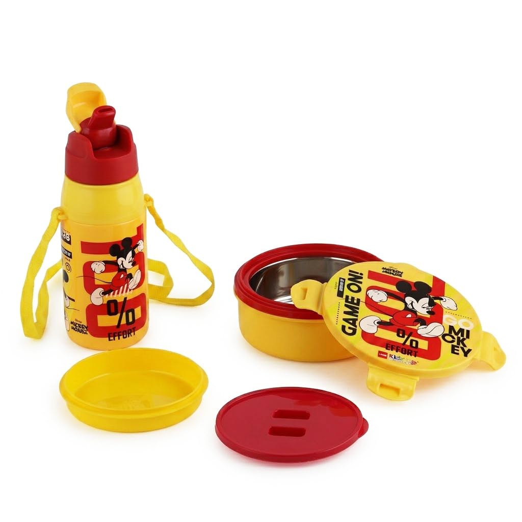 CELLO Kidzbee Star Gift Lunch Box 390ml and Water Bottle Set for School Kids, Yellow | 3D Touch & Feel Mickey Design, Leak Proof Airtight Kids Lunch Box Water Bottle Combo for Travel Picnic Gifting