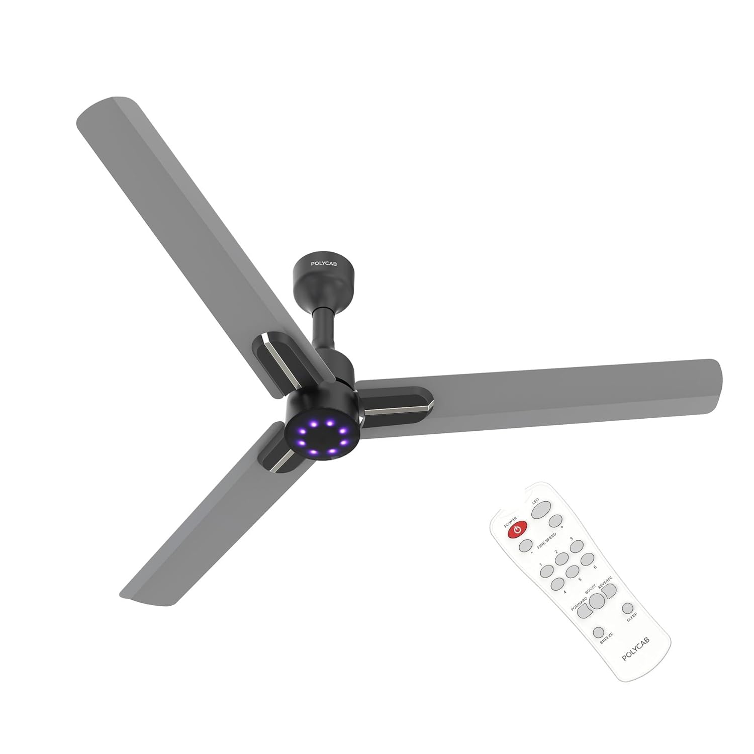 Polycab Wizzy Neo LED 2.0 1200mm BLDC Ceiling Fan with remote |BEE 5 Star Rated, Higher Air Delivery|LED Indicator,Sleep and Breeze Mode |3 Years Warranty【Classic Grey Chrome】