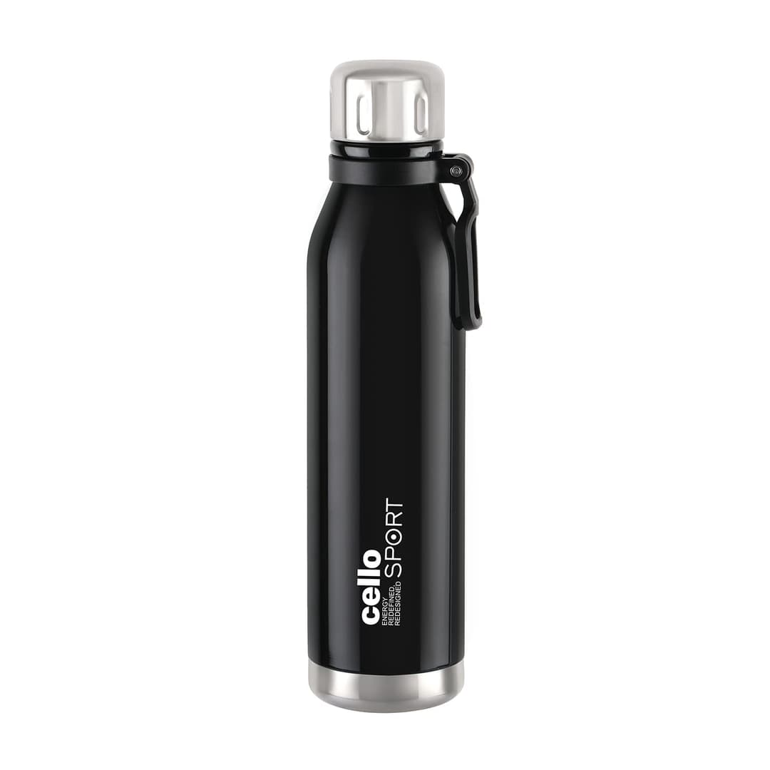 Cello Bentley Vacuum Insulated Thermosteel Water Bottle 600ml, Black | 24 Hrs Hot & Cold, Leak Proof Lid, ISI Certified | Double Walled Vacuum Insulated Flask Bottle for Office, Gym, School & Travel