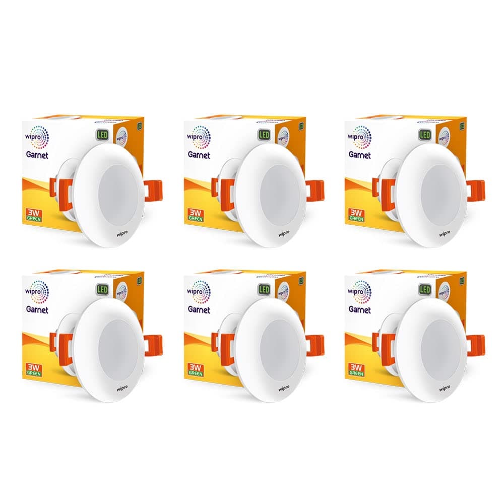 wipro Garnet 3W LED Mini Downlight | Green | Compact Design with 120° Beam Angle | Recessed Down Light for False Ceiling | Cutout - 2.3 inch | Pack of 6