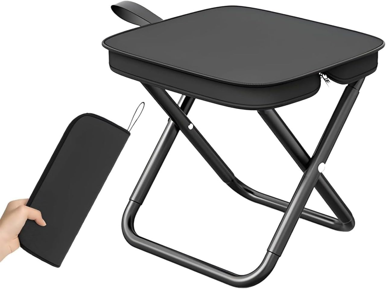 Folding Stool Portable Mini Outdoor Seat with Carry Bag - Lightweight Foldable Metal Frame Stool with Fabric Top, Compact Travel Chair for Camping, Fishing, Hiking and Home Use (Black)