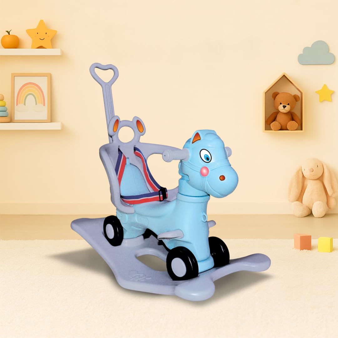 Amazon Brand - Jam & Honey 3-in-1 Ride-On and Rocker with Parental Handle | for Kids 2-5 Years Old | Non-Toxic PE | Durable and Safe with Seat Belt | BIS Approved | Blue