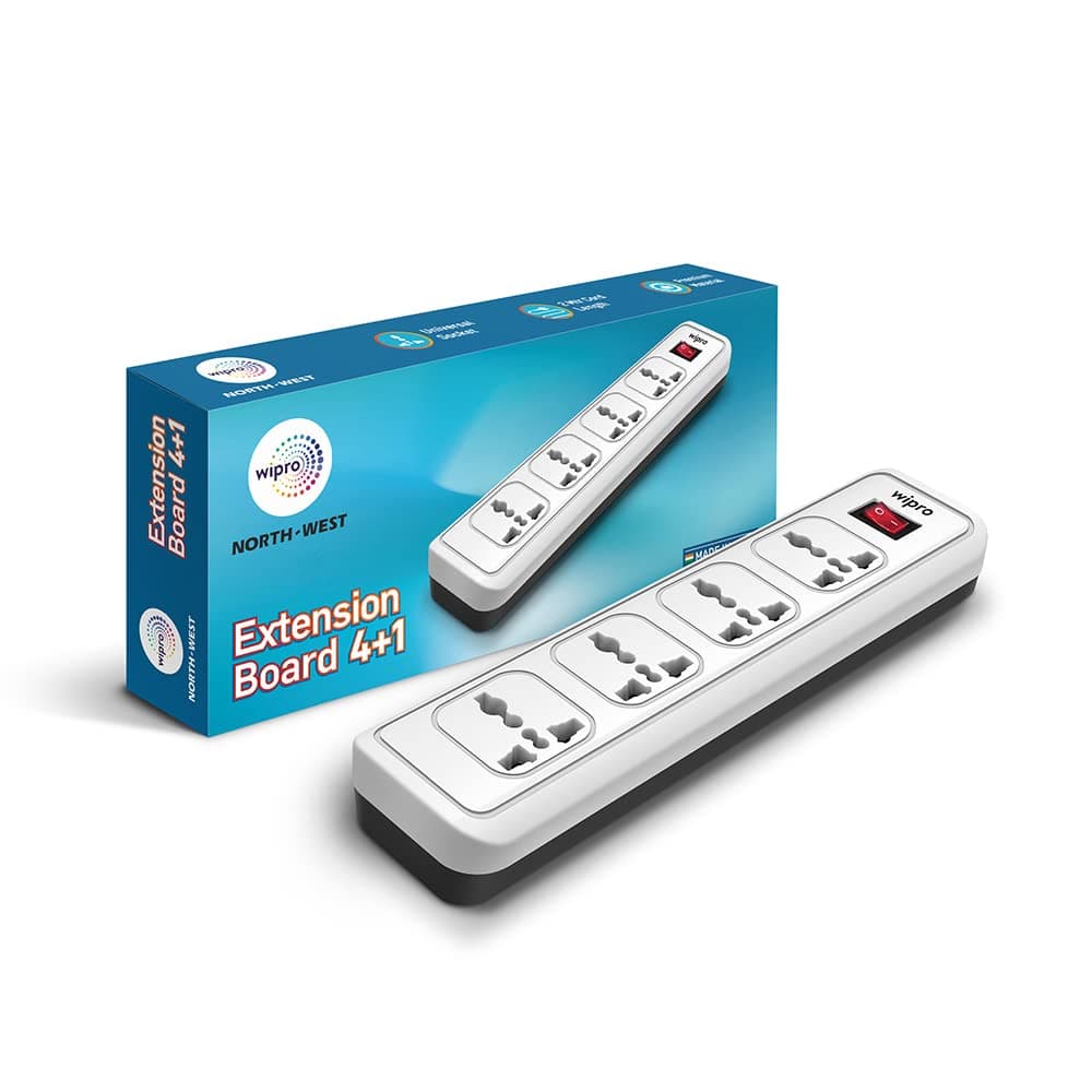 wipro 4+1 Extension Board | 4 Universal Socket with Single Switch | 2 Meter Long Cord | Child Safety | Auto Cutoff | Fire Resistant | Multiplug Socket for Home, Office | White, Pack of 1