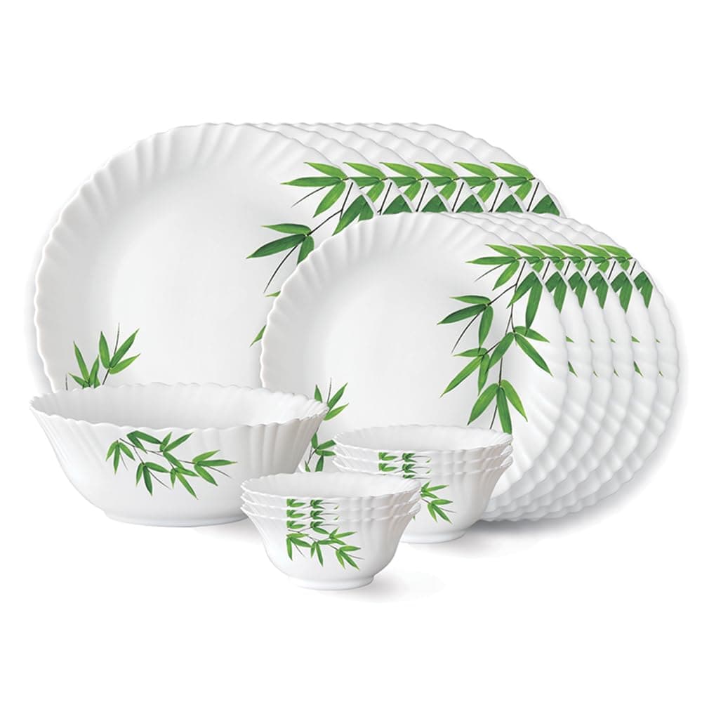 Larah by Borosil Bamboo Leaves Fluted Opalware Dinner Set, 27 Pieces