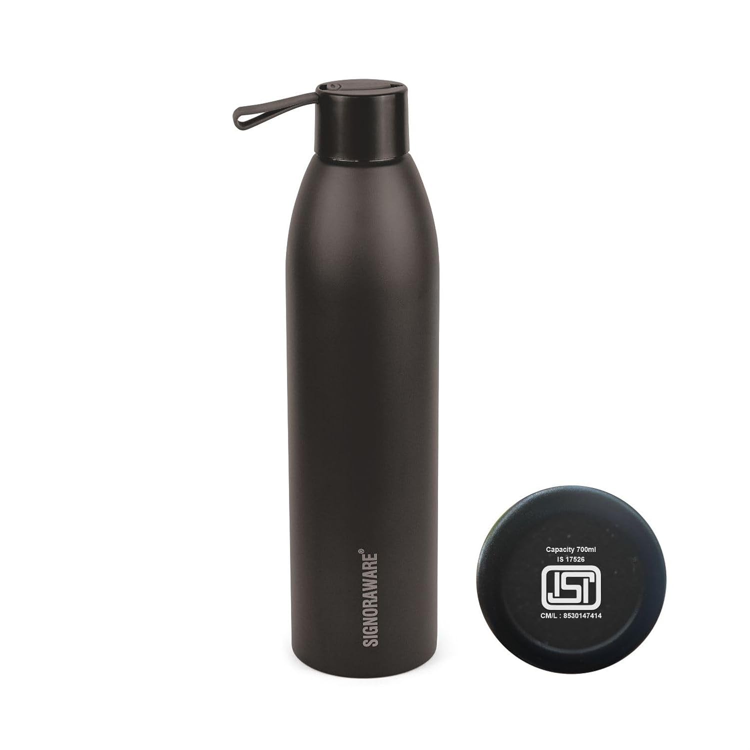 SignoraWare Laguna Vacuum ISI Certified Stainless Steel Bottle | Airtight & Leakproof | Retain Freshness For Hours | Ergonomic Design | Ideal for School, Office, Gym Or Outdoors (700ml | Black)