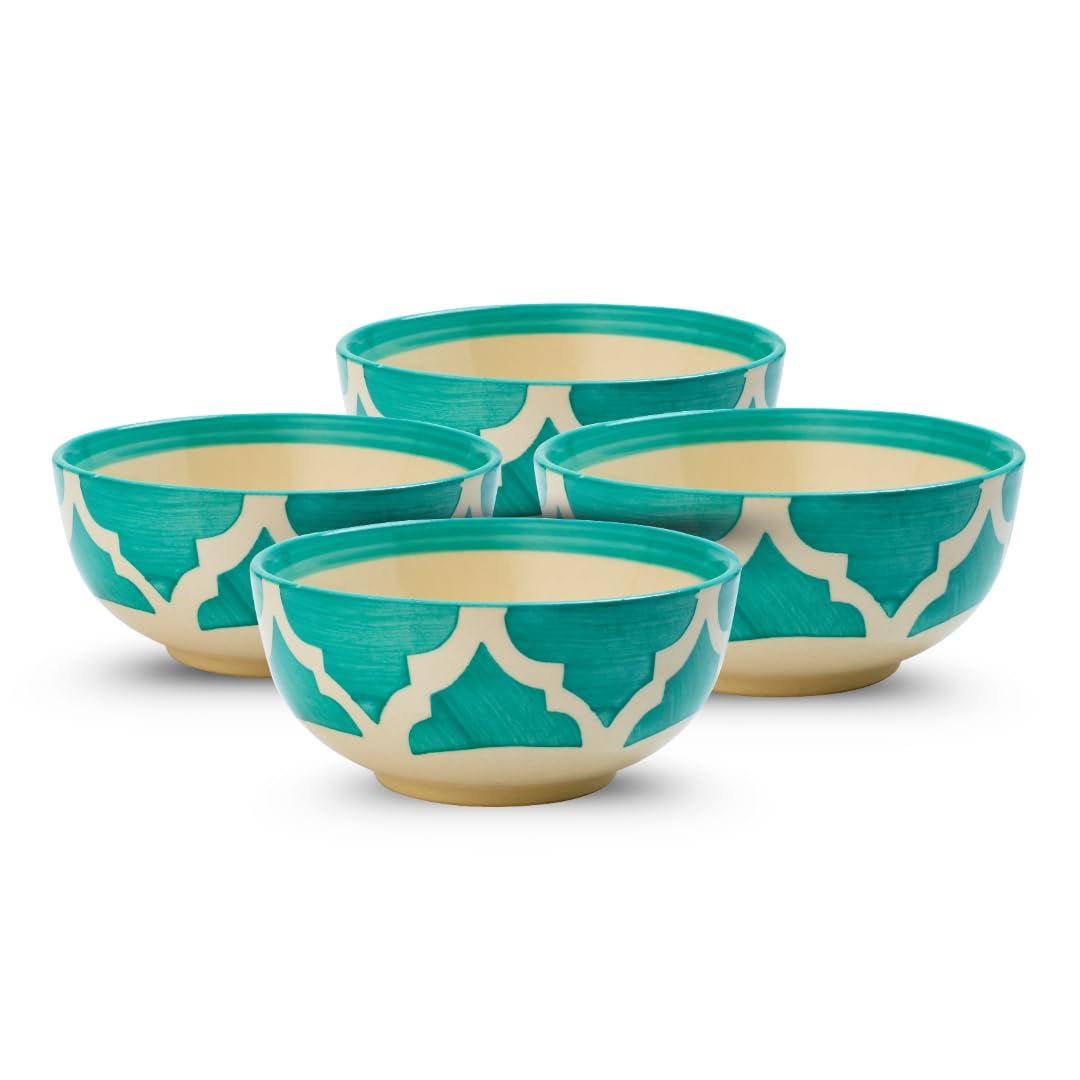 Moroccan Print Green Ceramic Bowl Set of 4, Microwave & Dishwasher Safe, Multipurpose for Serving Pasta, Maggi, Cereal, Snacks, Rice, Dal, Fruits, for Daily Use & Gifting.(200ml Each)