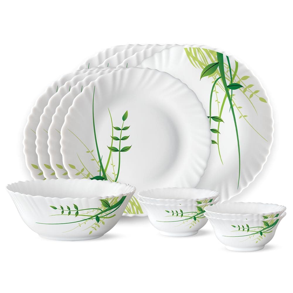 Larah by Borosil Green Herbs Opalware Dinner Set, 13-Pieces