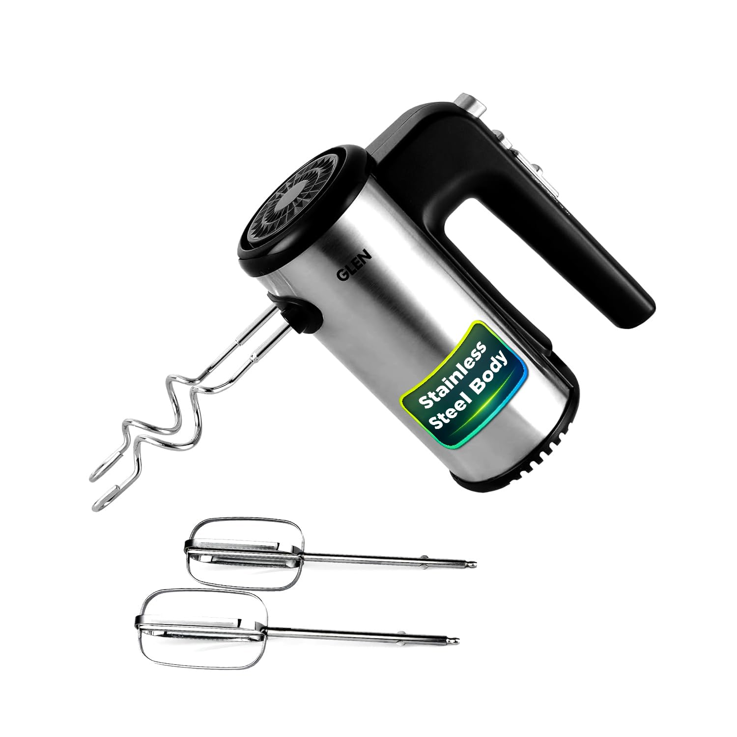 Glen Electric Hand Mixer With Detachable Beater & Dough Kneader Hook | For Quick Mixing, Whisking, Whipping Cream, Cake & Eggs | 200W | Safety Eject Feature, 5 Speed Setting, Turbo mode - Black/Grey