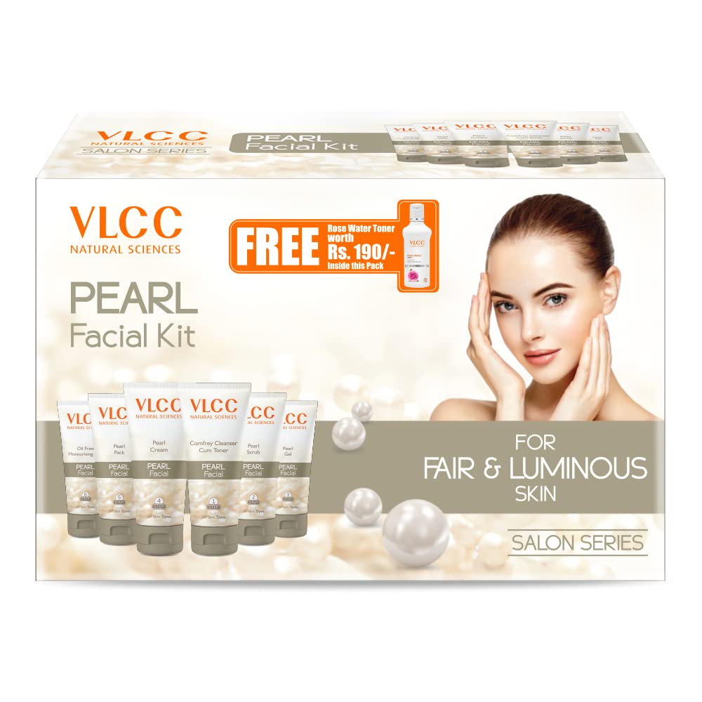 VLCC Pearl Facial Kit with FREE Rose Water Toner - 300g + 100ml | Luminous and Radiant Skin | At Home Facial with Pearl Extracts, Sandalwood, Turmeric & Aloe Vera | Tan Removal Facial Kit