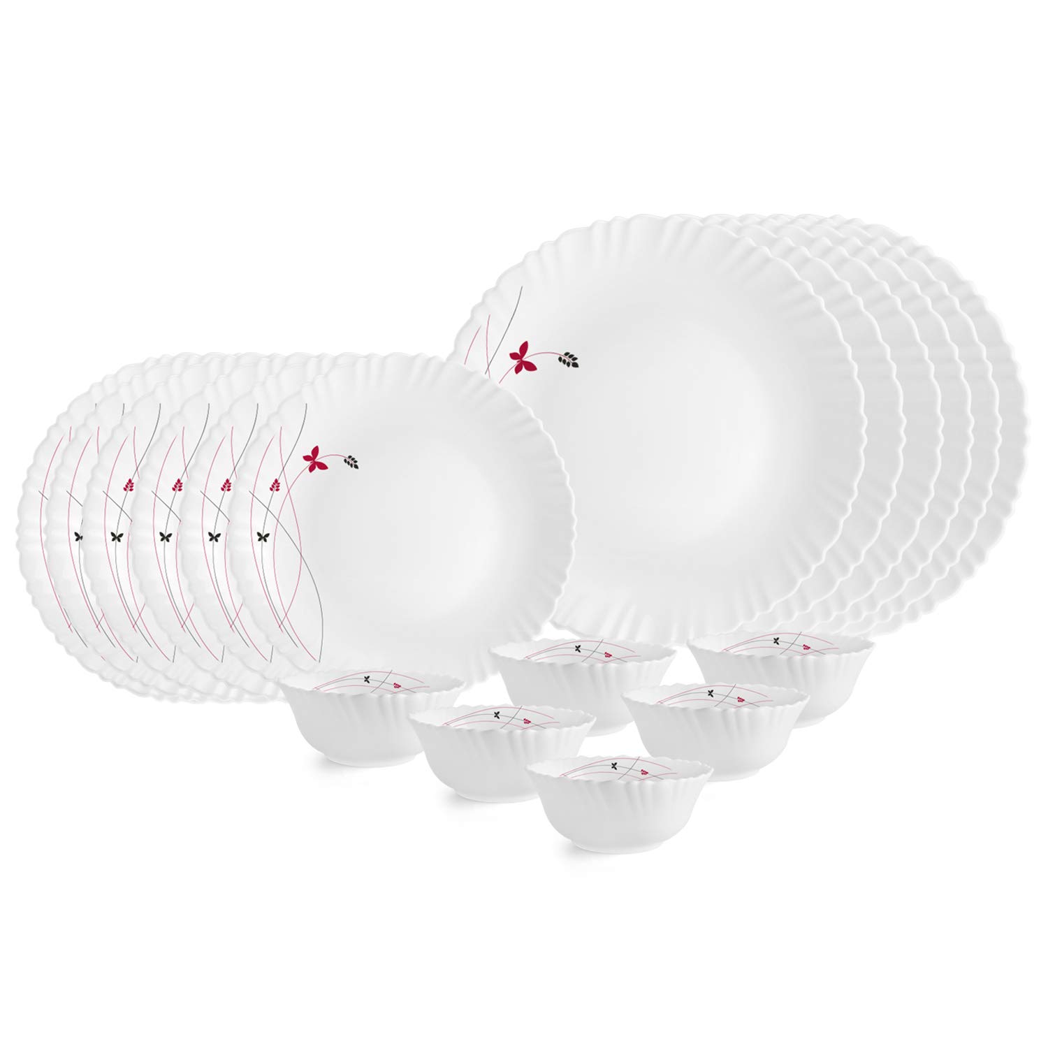 CELLO Lush Fiesta Dazzle Series Opalware Dinner Set of 18 Pieces for Family of 2 | Bone-Ash Free & Leadfree Opal Glass, Microwave & Dishwasher Safe, Plates & Bowls Crockery Set for Dining & Gifting