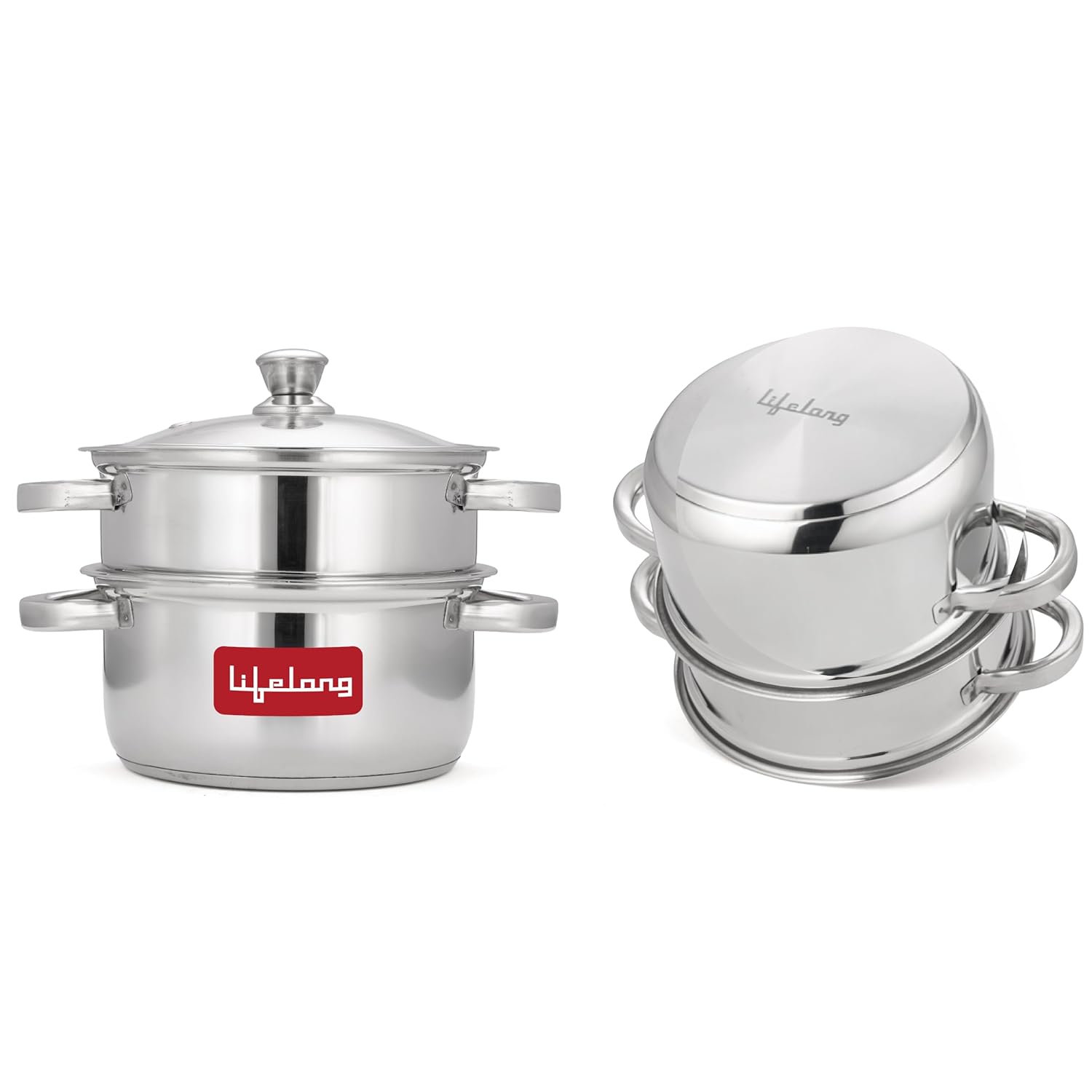 Lifelong 2-Tier Steamer/Momo/Modak Maker with Sandwich Bottom| Heavy Base | Induction Compatible with Glass Lid & Riveted Handles | 20 cm Stainless Steel Multi-Purpose Cooking Steamer (LLMOM01SB)