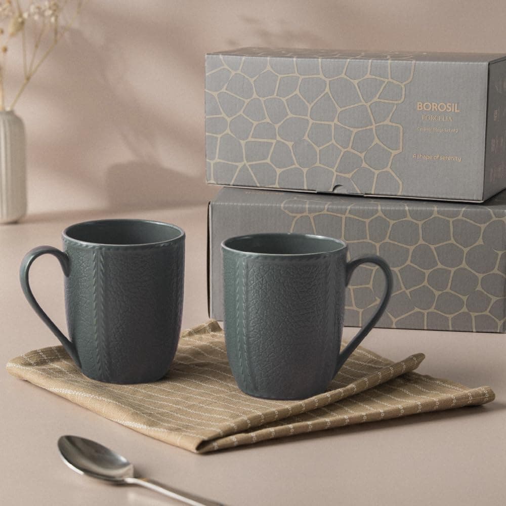 Borosil Porcelia 350 ml x 2pc Elva Slate Tea/Coffee Mug Set | Porcelian Everyday Use Cups | Elegent Embossed Designs | Microwave & Dishwasher Safe Crockery for Gifting & Dining