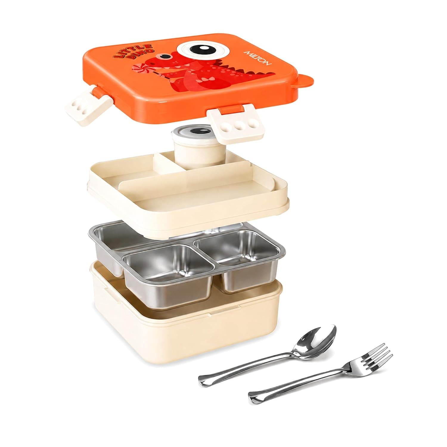MILTON Dino Pop Bento Stainless Steel Lunch Box, 3 Compartments, 4-Side Lock, with Tray, Spoon, Fork & Container for School, Office, Travel, BPA Free, 1120 ml + 70 ml, Peach