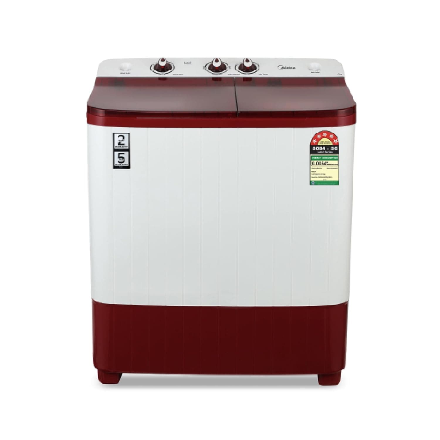 Midea 6.5kg Semi Automatic Top Load Washing Machine, Dual Wave Pulsator, Heavy Duty Motor, 1350 RPM High-Speed Spin, Collar Scrubber, Top Load Washer (MWMSA065PDX (MW), Maroon-White)